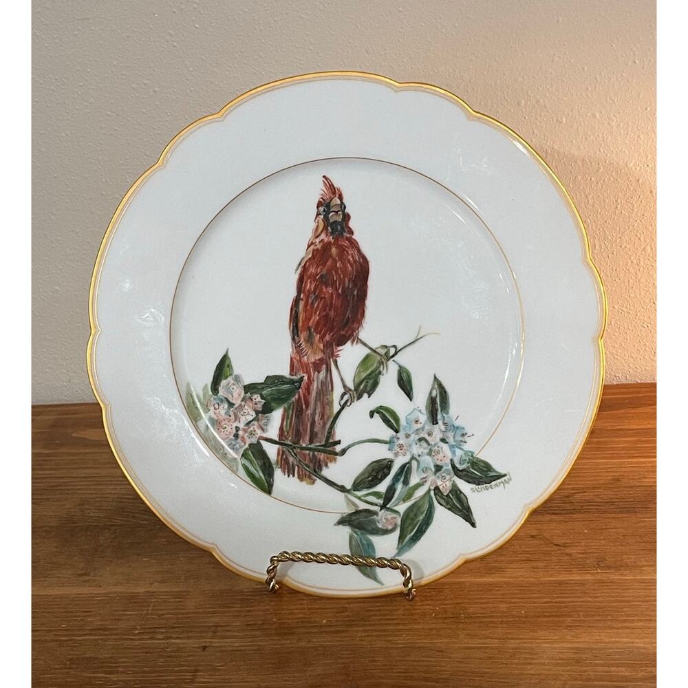 KPM Hand-Painted Cardinal Porcelain Plate Signed S. Lindenman Scalloped Gilt Rim